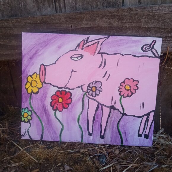 Pig In Flowers Folk Art Painting - Picture 4 of 15